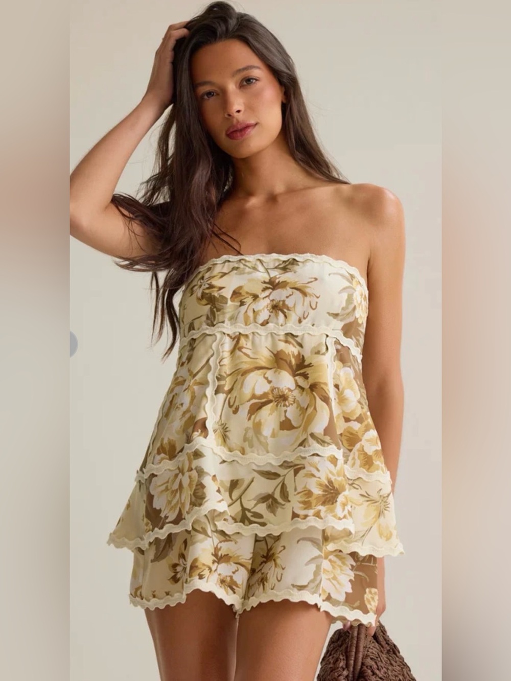 Altar'd State Skye Strapless Romper Floral Scalloped Brown & White Feminine NEW